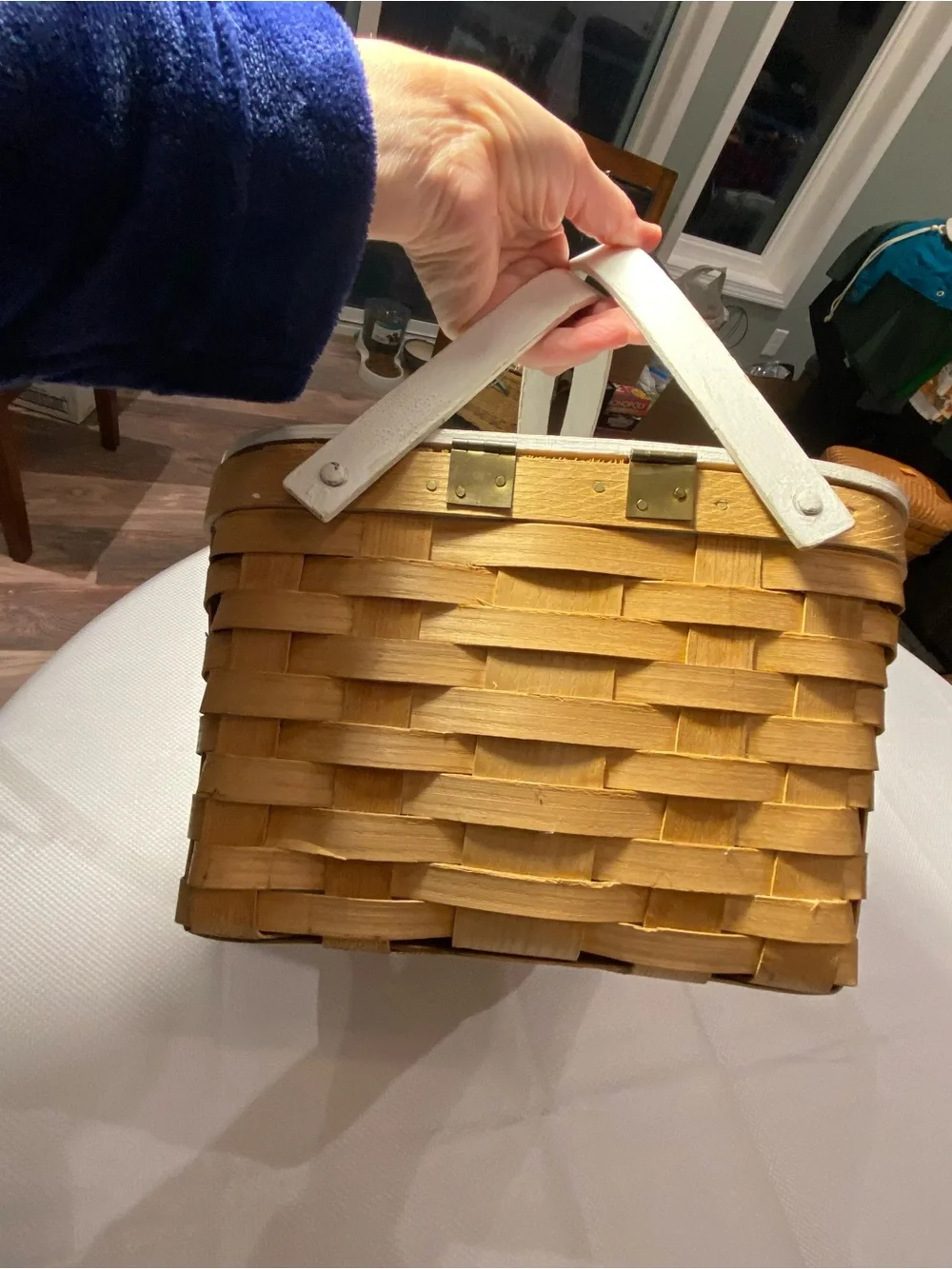 Woven Straw picnic basket w/White Handles red checkered lining